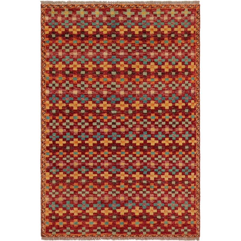 Eclectic Balochi Spence Red/Blue Hand Knotted Wool Rug - 3'3'' x 5'0''