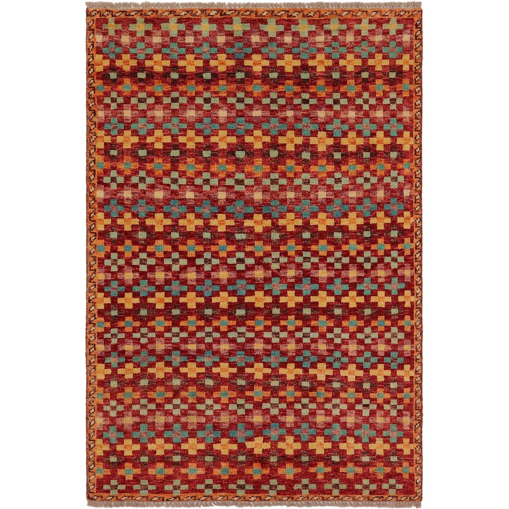 Eclectic Balochi Spence Red/Blue Hand Knotted Wool Rug - 3'3'' x 5'0''