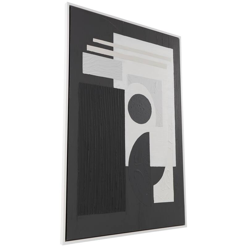 Black or White Canvas Textured Abstract Framed Wall Art with Various Geometric Shapes and White Accents