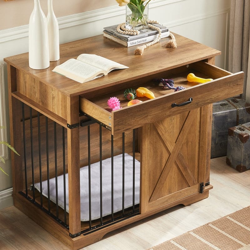 Wood Dog Crate Furniture With Barn Door And 1 Drawer