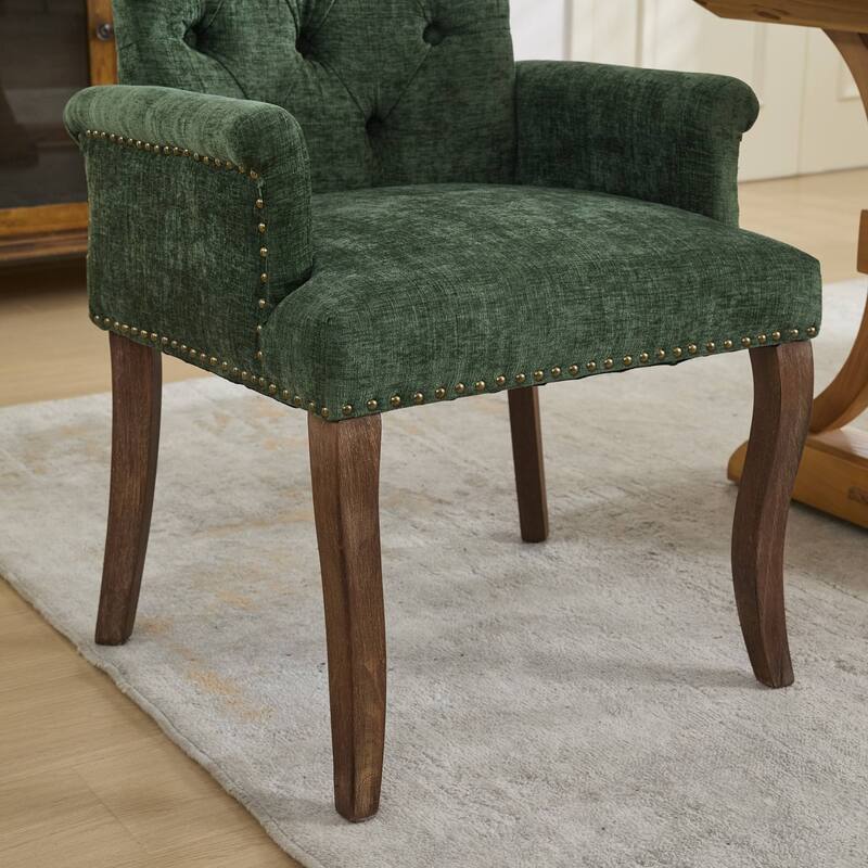 GDF Studio- Chenille Upholstered Dining Chair with Tufted Back & Curved Wood Legs, Single Pack