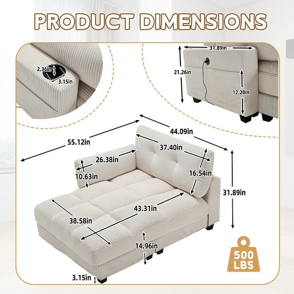 dimension image slide 1 of 6, Corduroy Lazy Chaise Lounge Upholstered Sleeper Chair Bed Daybed