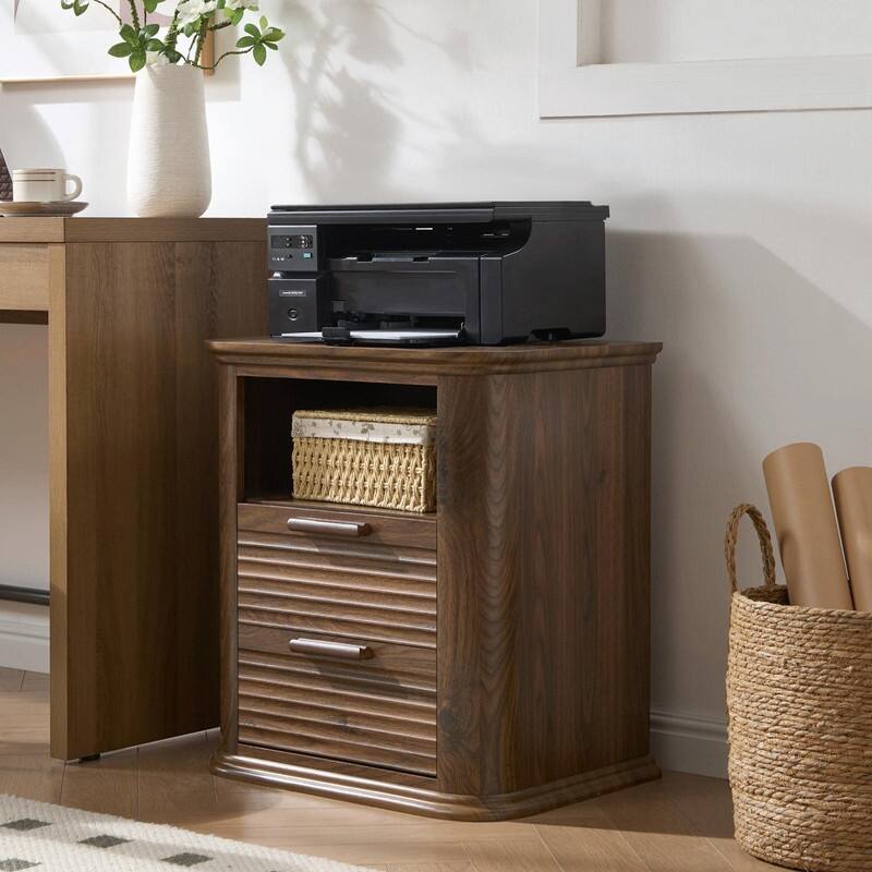 22" Fluted Nightstand with Charging Station - Modern End Table with 2 Drawers and Open Storage