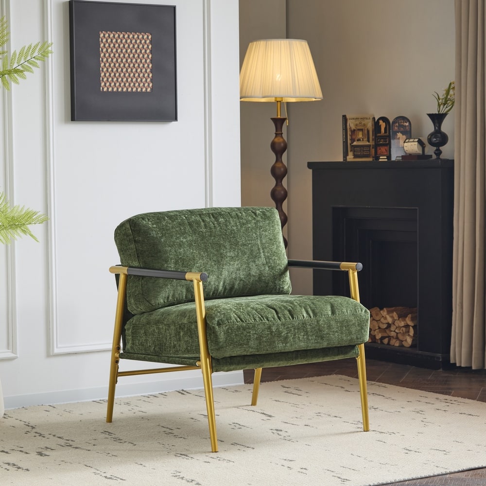 27.56" Modern Accent Chair w/ Plush Cushions & Minimalist Metal Frame & Wooden Armrest Design