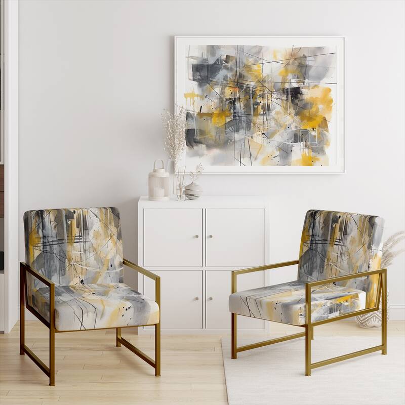 Designart "Yellow and Grey Beyond The Canvas I" Upholstered Abstract Accent Chair and Modern & Contemporary Arm Chair