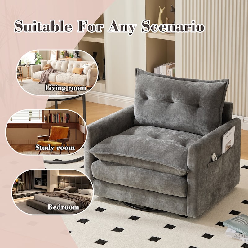 HOMEFUN Chenille Upholstered 360°Degree Swivel Mid Century Modern Arm Chair with Side Pocket for Living Room