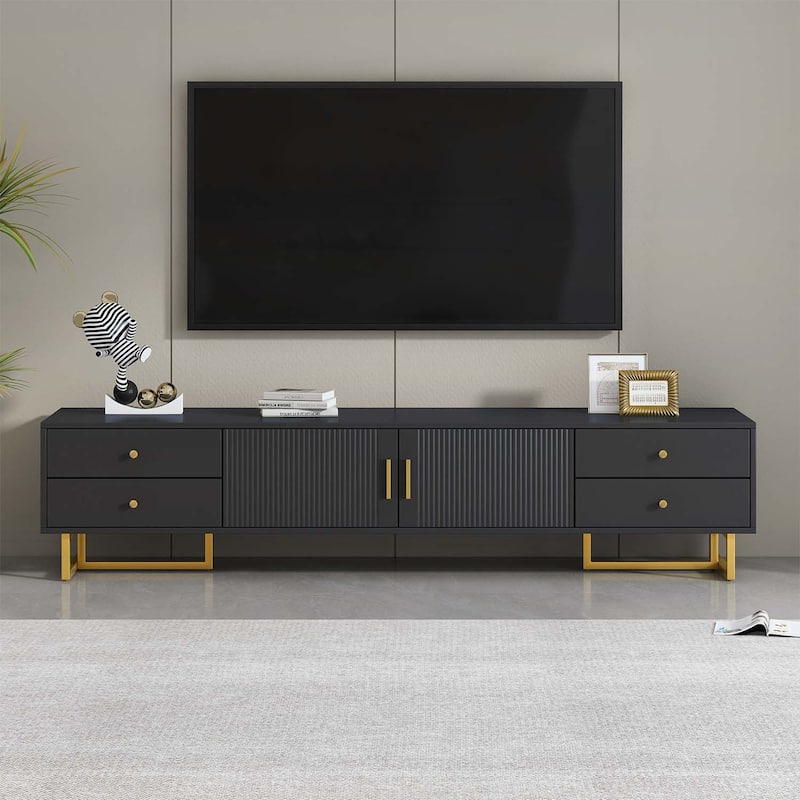 Modern TV Stand for 65+ Inch TVs,Entertainment Center with Storage and Elegant Wave Groove Design - Black