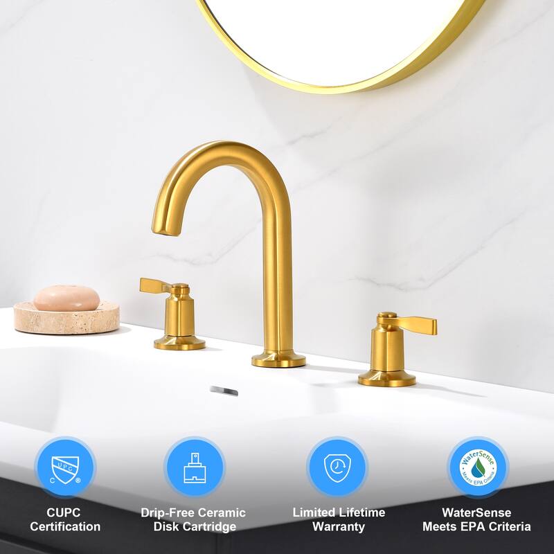 Luxier Larko 8 in. Widespread 2-Handle Bathroom Faucet with Drain - Brushed Gold