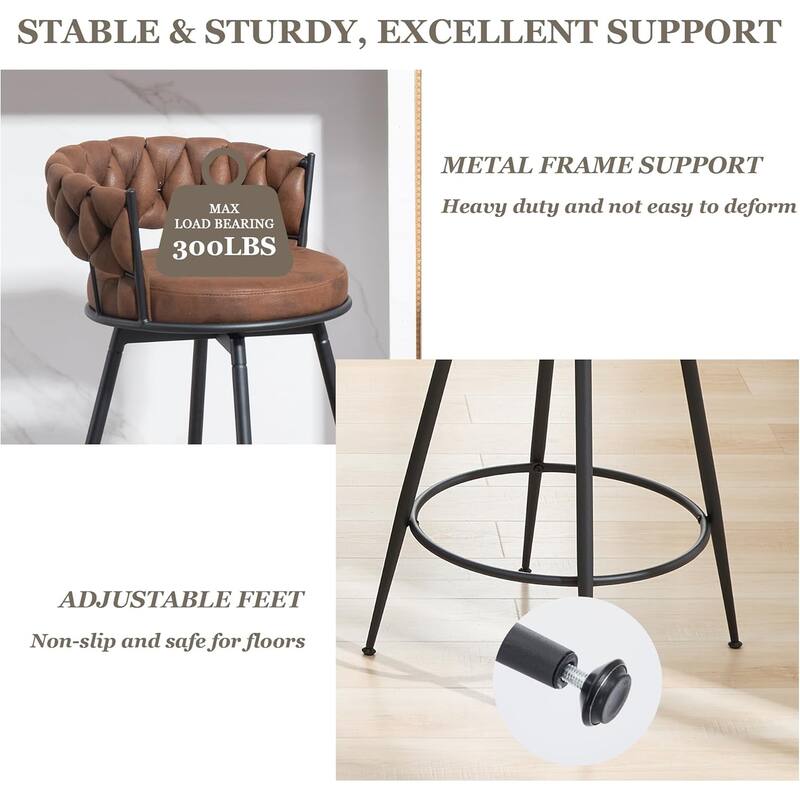 XINMICS 360° Swivel Bar Stools, 24 Inches Modern Counter Height Bar Stools with Woven Back, Upholstered Suede Tall Barstools