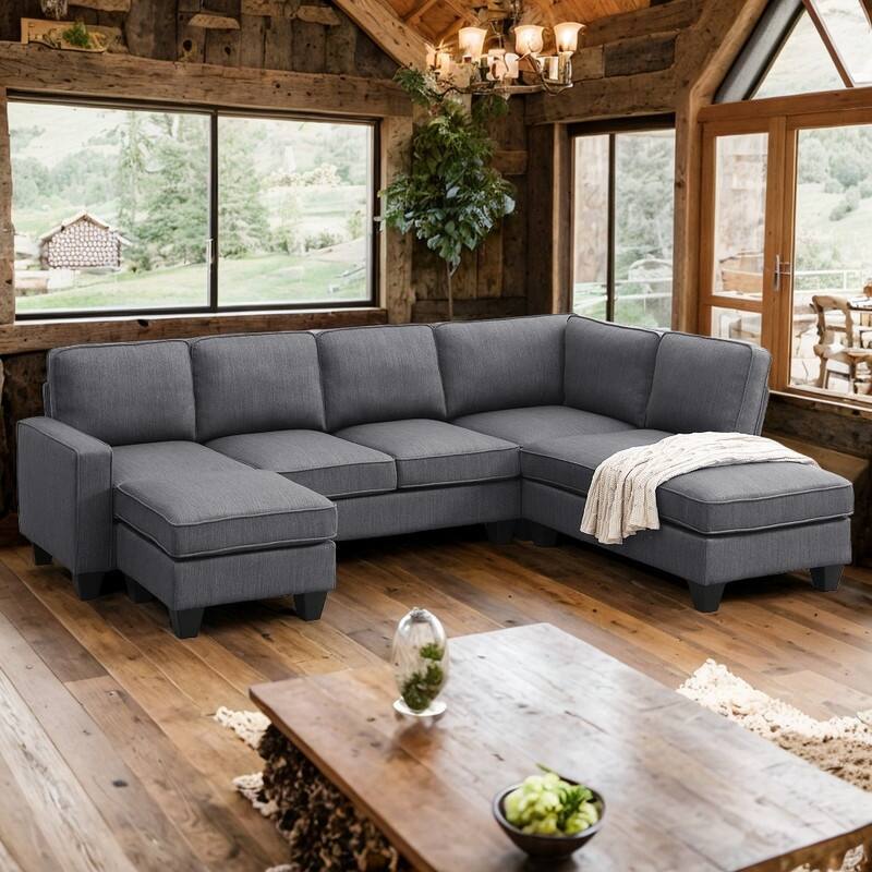 Modern L-shaped Sectional Sofa, 7-seat Linen Fabric Couch Set for