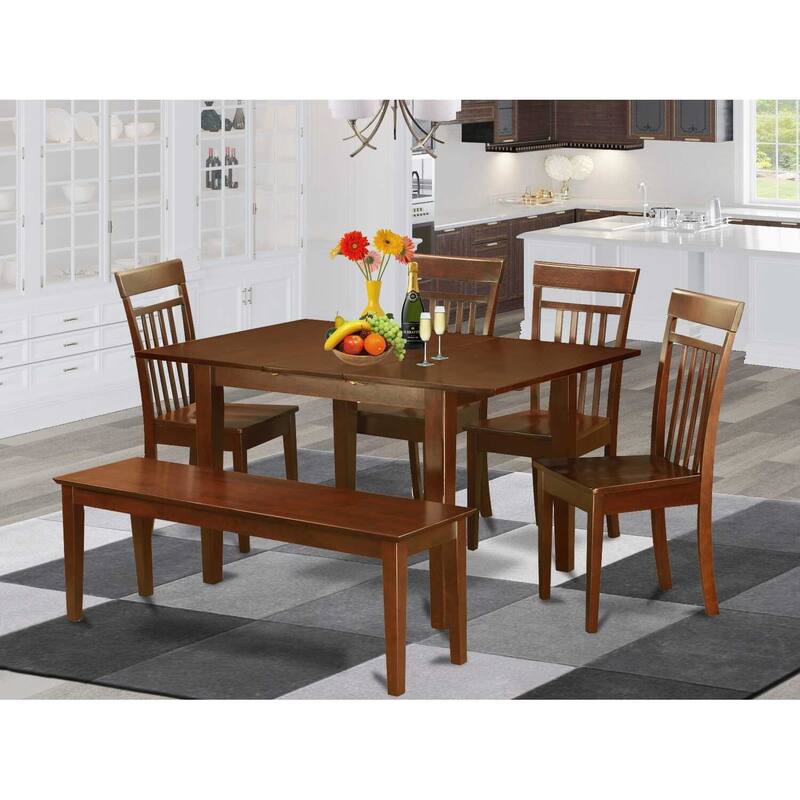 Asian Dining Room Set - 6 Piece Table & Chair Set - Solid Wood Kitchen Table with Bench