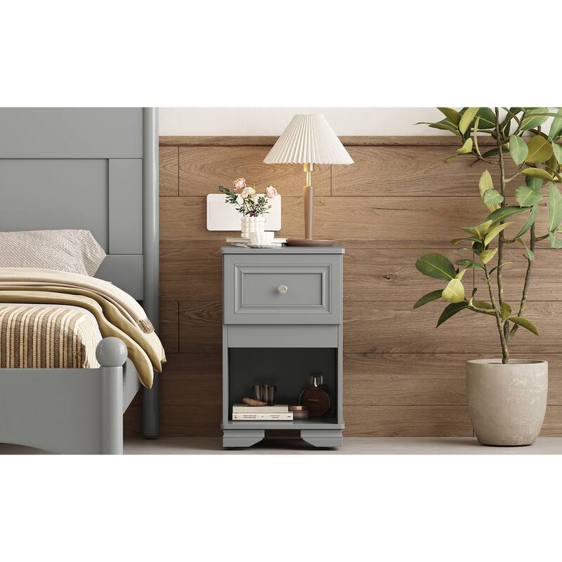 Retro Style Nightstand, Bedside Storage Cabinet with Open Shelves, Side Table with Drawer with Metal Handles, Coffee Table