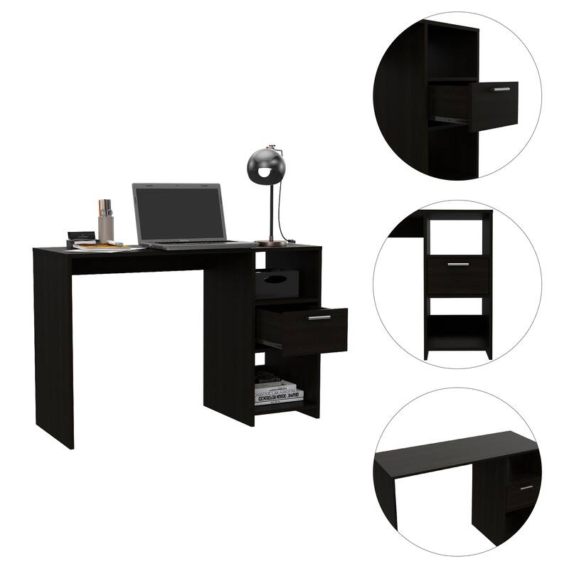 Freestanding Rectangular Computer Desk with Storage Drawer, Open Compartments, and Sleek Modern Design