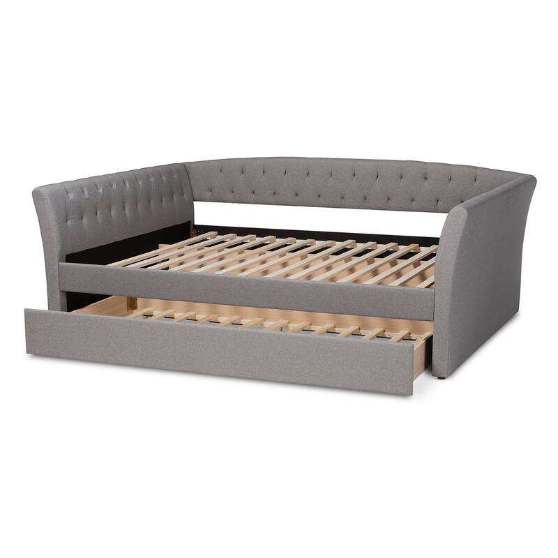 Queen Size Daybed with Trundle - Light Grey Upholstered Farmhouse Modern Bed