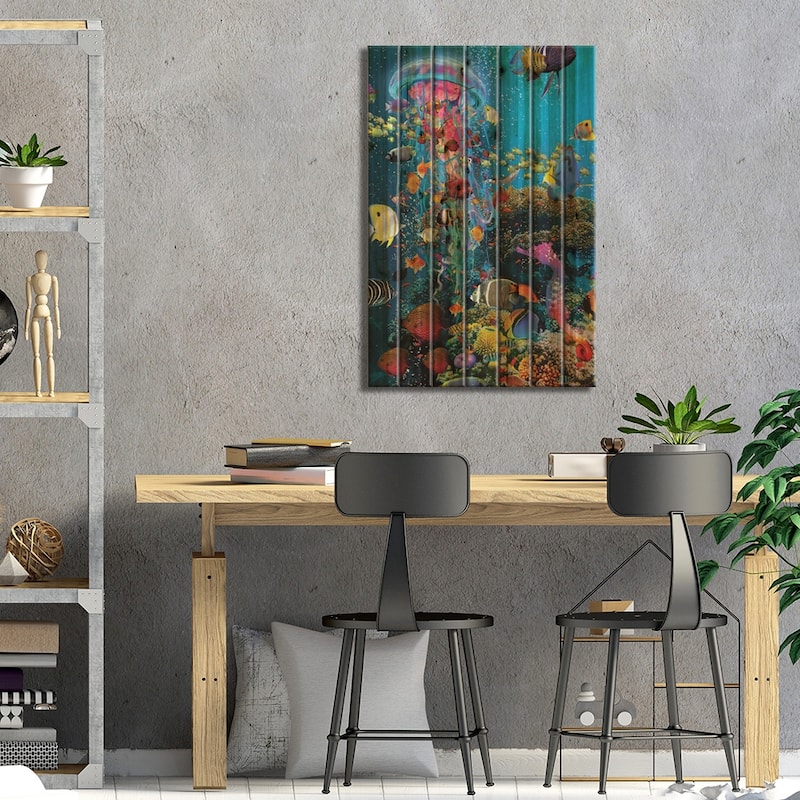 Electric Jellyfish At The Reef Print On Wood by David Loblaw - Multi-Color