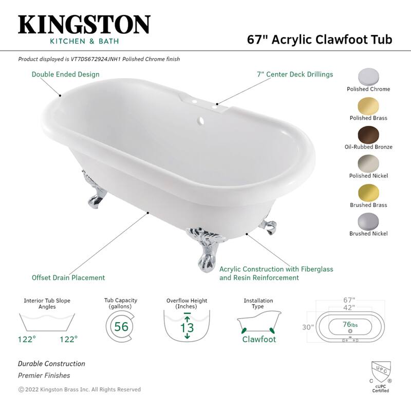 Aqua Eden 67-Inch Acrylic Oval Double Ended Clawfoot Tub