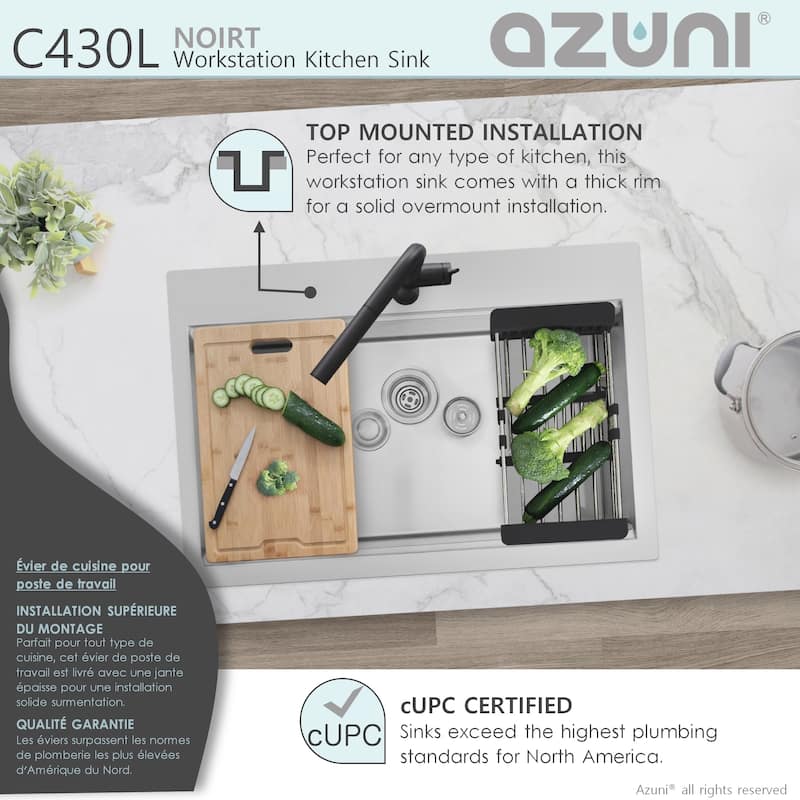 AZUNI 31.25 inch Top Mount Single Bowl Stainless Steel Ledge Workstation Kitchen Sink with Accessories C430L Handmade