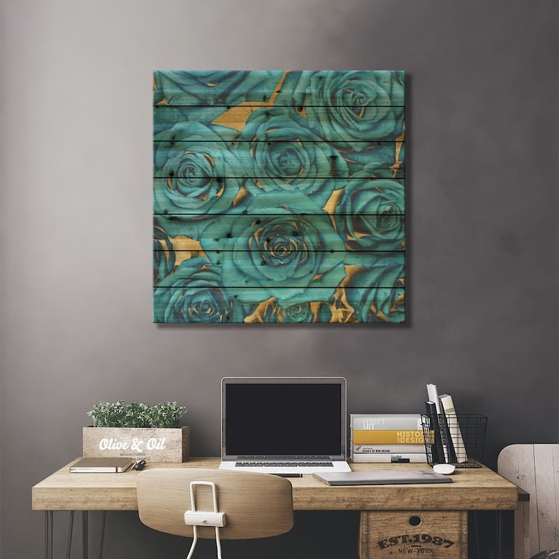 Roses - Teal On Gold Print On Wood by Kate Bennett - Multi-Color