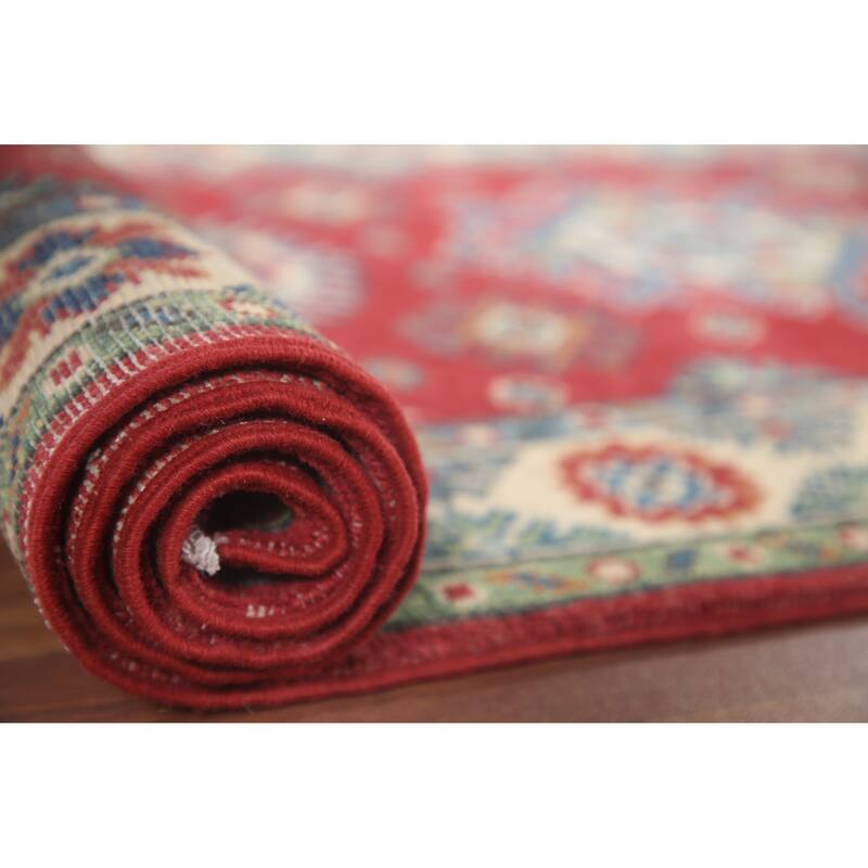 Hand Knotted Oriental 100% Wool Carpet Traditional Geometric Red Kazak Area Rug - 6' 5'' X 2' 9''