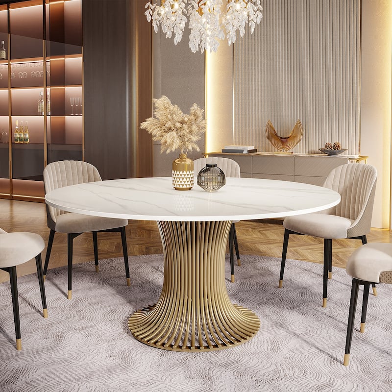 59" Modern Sintered Stone Round Dining Table for 6-8 People ,Gold Pedestal Kitchen Table - 59"D