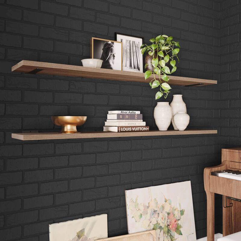 Wallniture Palm 60 Inch Long Floating Shelf for Wall, Kitchen and Living Room Decor, Bookshelf, Home Organization, Burnt, 2 Pcs