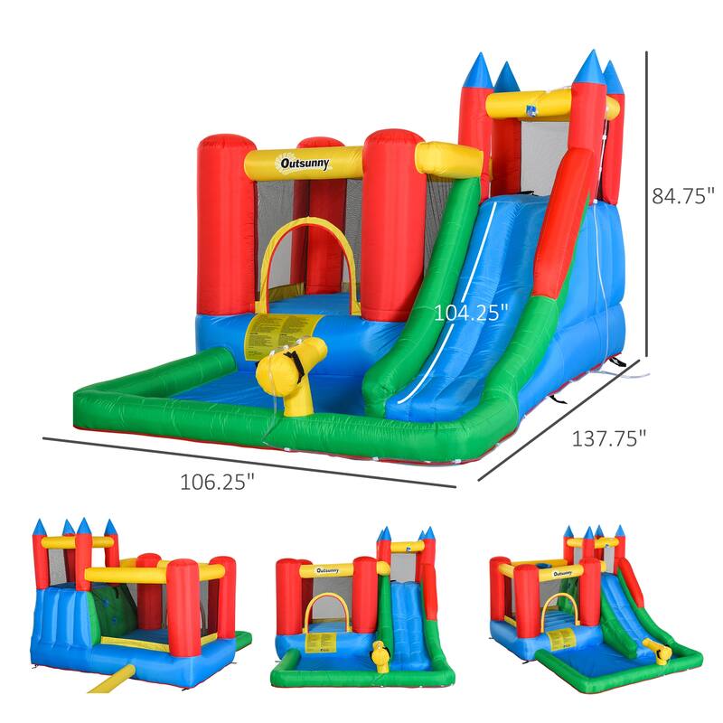Outsunny 6-in-1 Kids Bounce House Inflatable Water Slide with Pool, Water Gun, Climbing Wall, Inflator Included