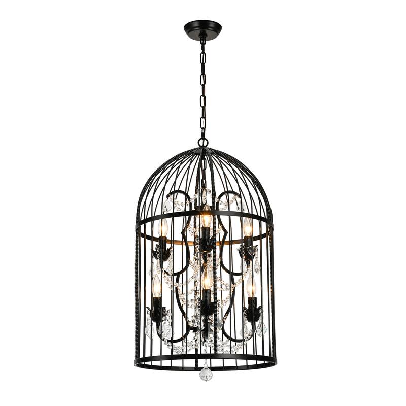 Vintage Industrial Birdcage Crystal Chandelier with Black Metal Cage and Crystal Accents - W17.72"
