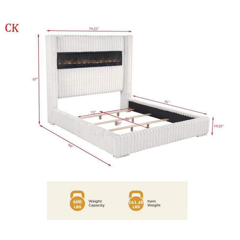 Best Master Furniture Noemie Luxe Modern Upholstered Velvet Panel Bed with Integrated Fireplace Display