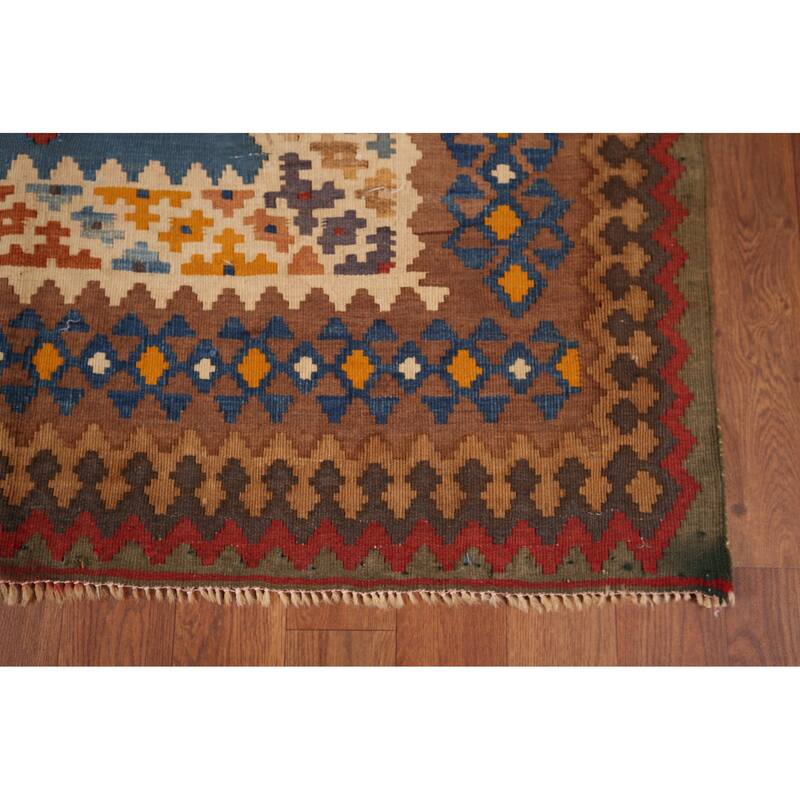 Kilim Qashqai Persian Vintage Rug Hand-Woven Beige Wool Carpet - 5'5"x 8'3"