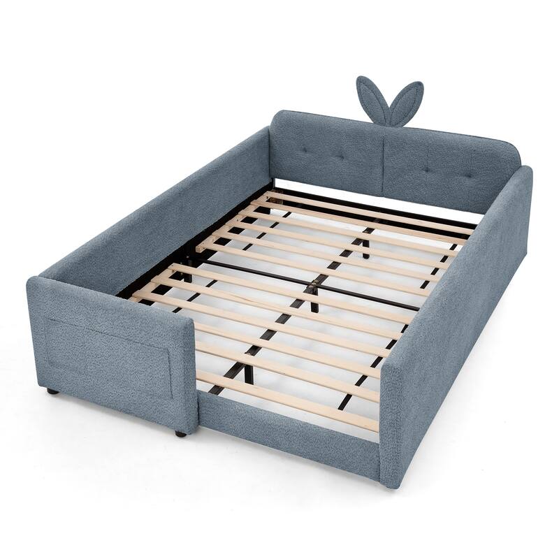 Full Size Upholstered Platform Bed with Bunny Ear Headboard, Safety Rail & Pocket