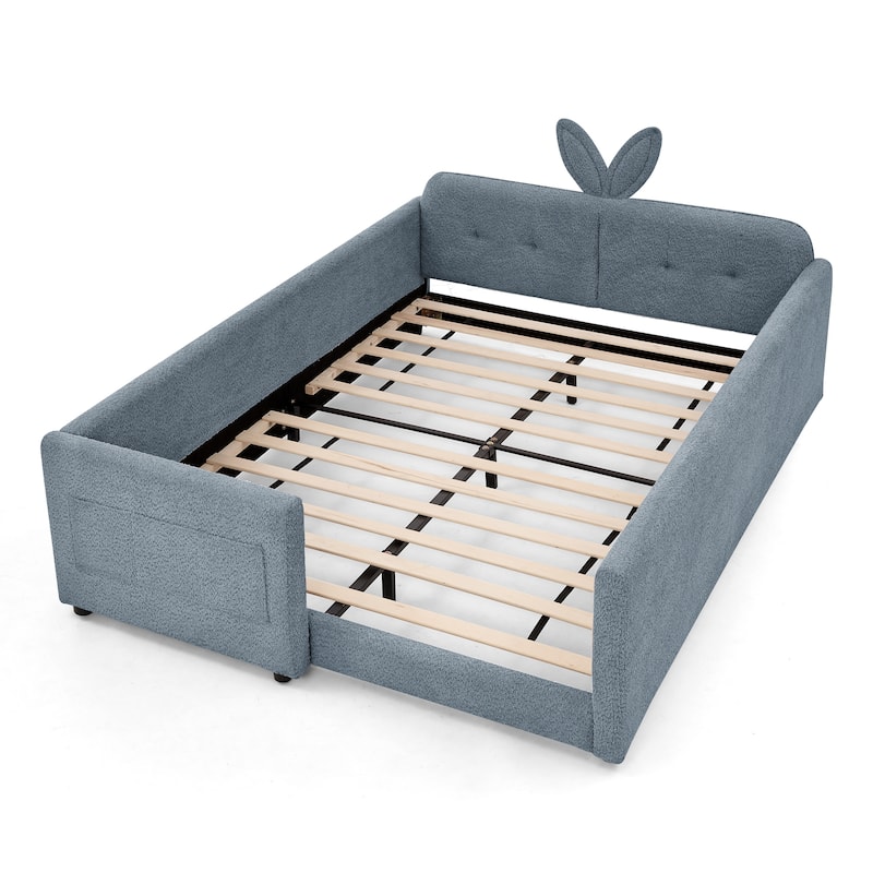 Upholstered Platform Bed with Safety Rail Pocket and RabbitEar Platform Bed w/Skin-friendly Boucle Wood Slat Support Bed Frame