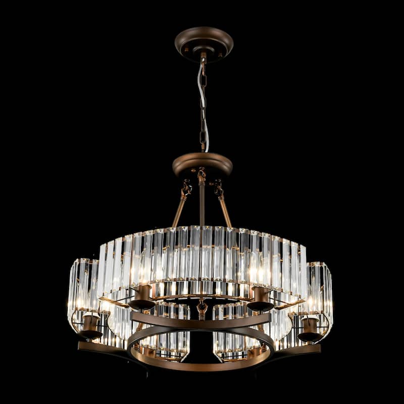 6-Light Mid-Century Modern Aged Bronze Drum Wagon Wheel Chandelier with Crystal Shade - 24.8 in. W x 20.47 in. H