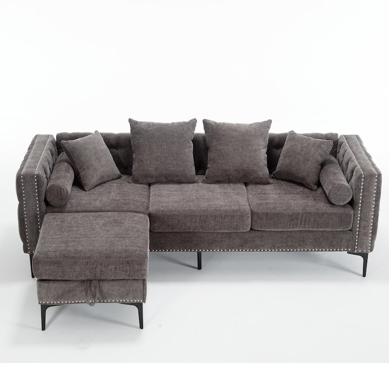 85'' L-Shaped 4-Seat Sectional Sofa with Convertible Storage Ottoman, Pillows, Solid Wood Frame, and Modern Tufted Design