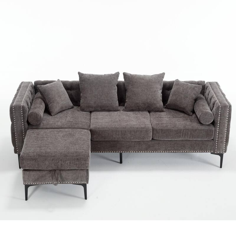 85'' L-Shaped 4 Seater Sectional Sofa with Convertible Storage Ottoman, Pillows, Solid Wood Frame, Modern Tufted Design