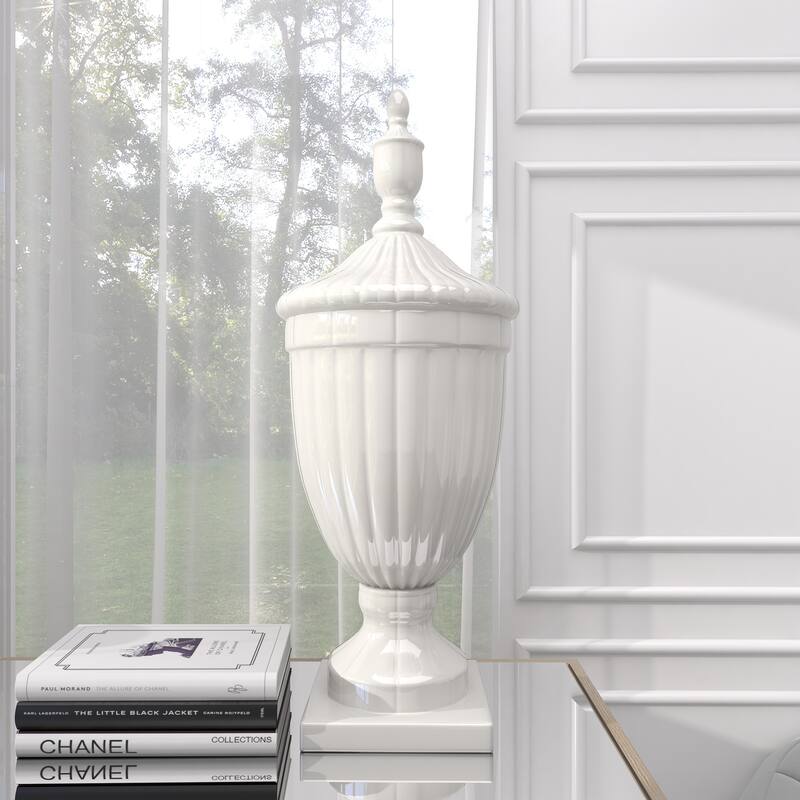 White Ceramic Tall Fluted Urn Living Room Decorative Jars with Grooves and Lid