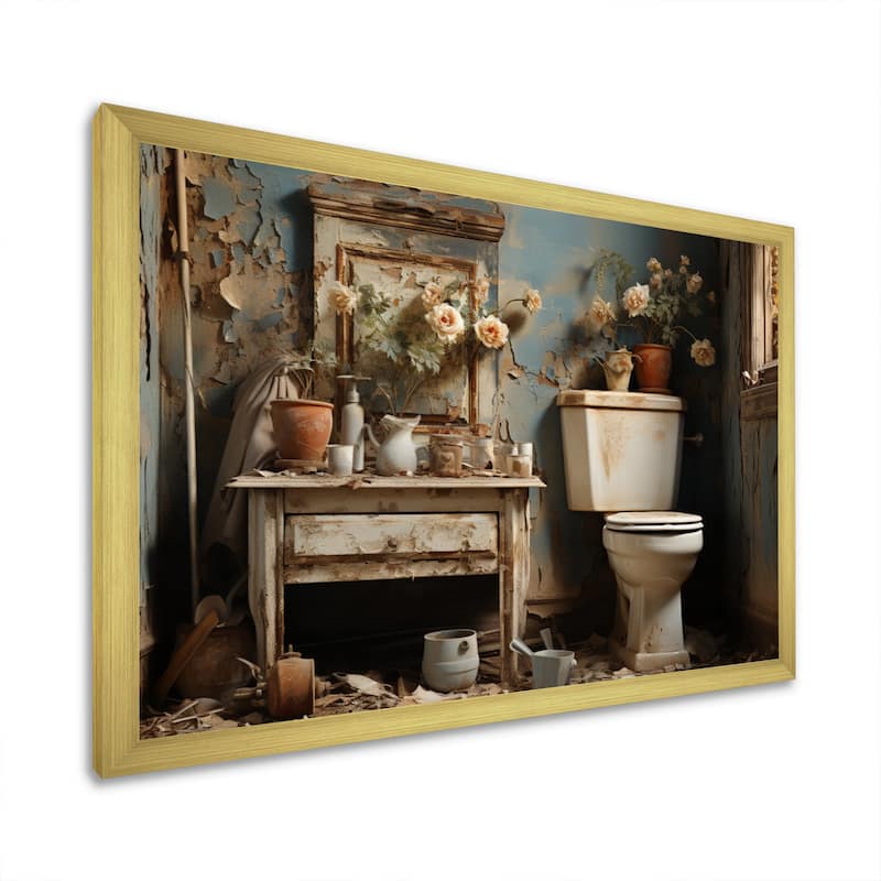 Designart "Bathroom Toilet Vintage Charm IV" Bath & Laundry Framed Canvas Wall Art