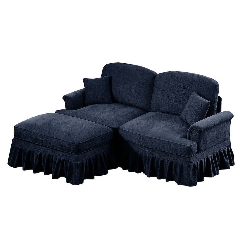 76.4" L Shaped 2-Seat Sectional Sofa, Chenille Couch with Ottoman, Flared Arms Loveseat with Removable Ruffles Pleats Skirts