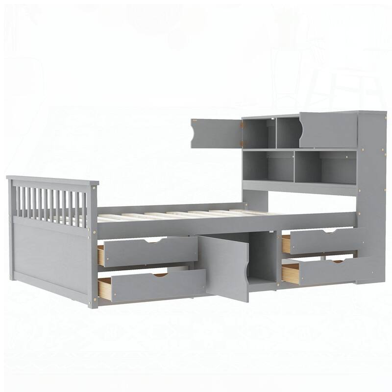 Captain Platform Bed Frame with Storage Bookcases and Shelves