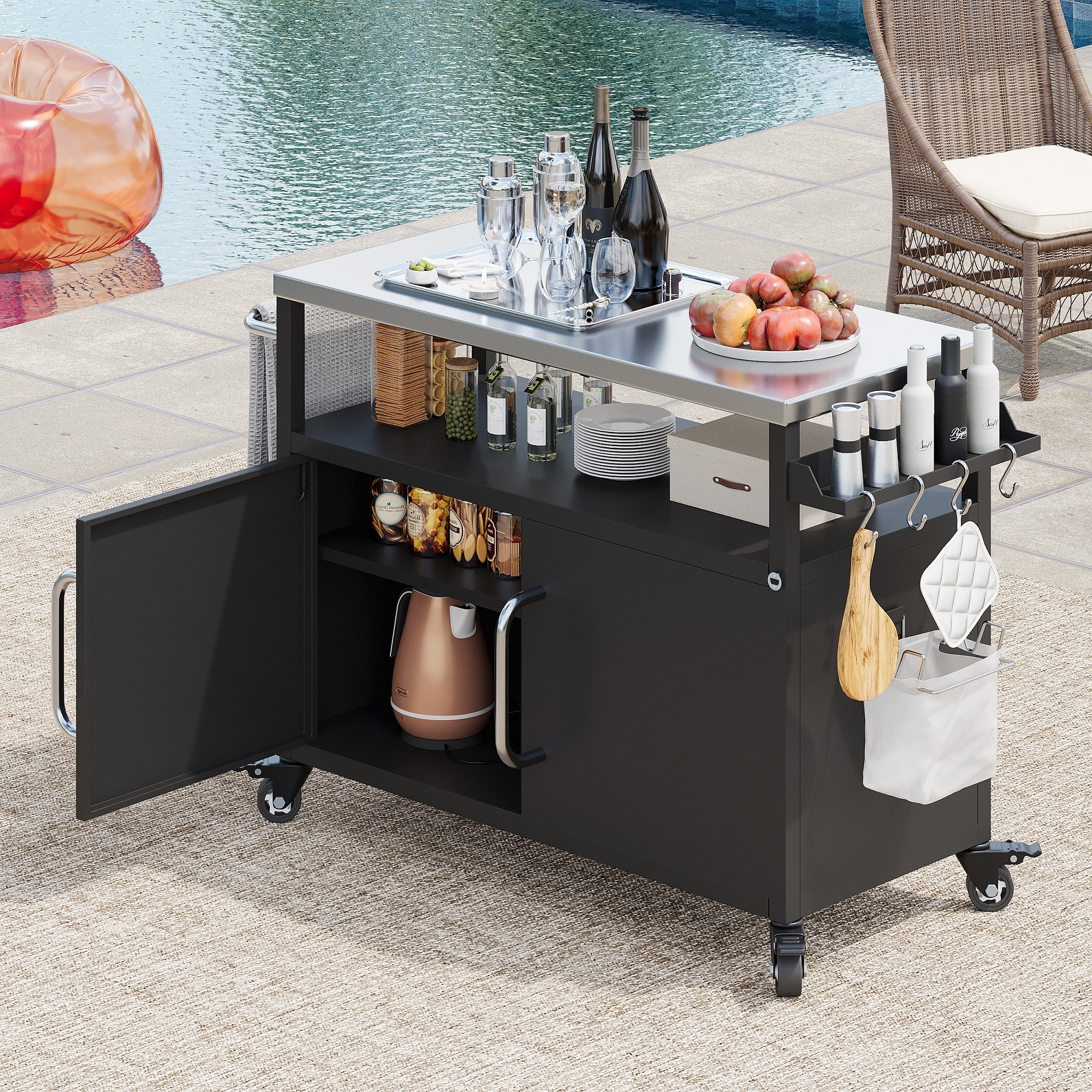 Outdoor Kitchen Island With Stainless Steel Tabletop,Metal Grill