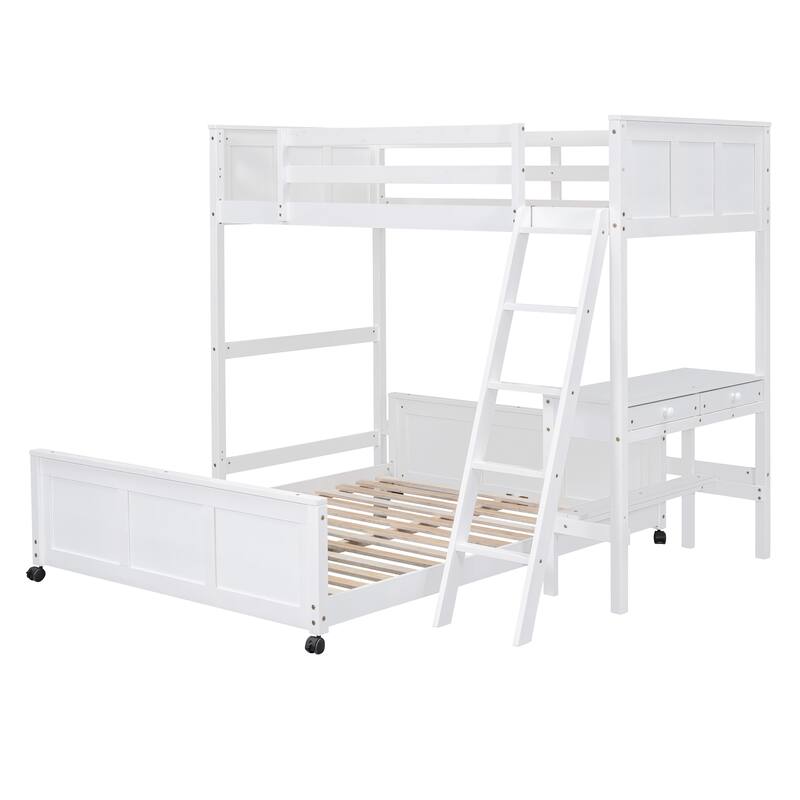 Space-Saving Twin Over Full Bunk Bed with Desk and Drawers - Solid Pine Construction, White/Grey