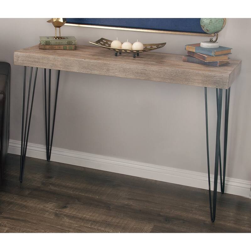 Brown Wood Console Table with Black Metal Hairpin Legs - Brown