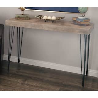 Brown Wood Console Table with Black Metal Hairpin Legs
