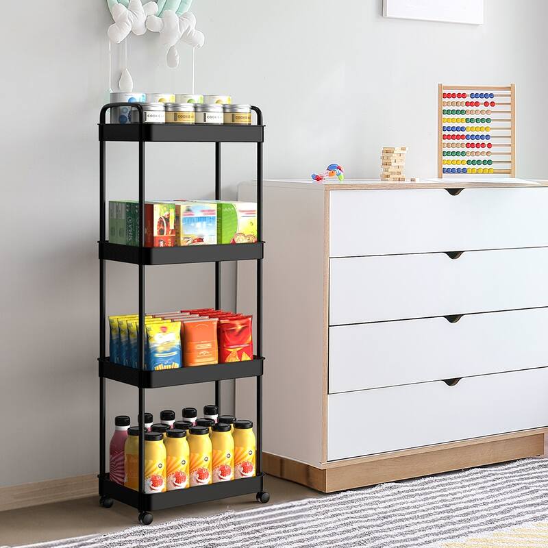 Storage Cart, Shelf Organizer Mobile Shelving, Multifunction Movable Storage Organizer - 4-Tier Black