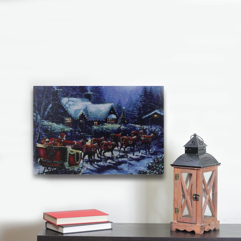 LED Santa Claus in Sleigh Christmas Canvas Wall Art 15.75 x 23.5