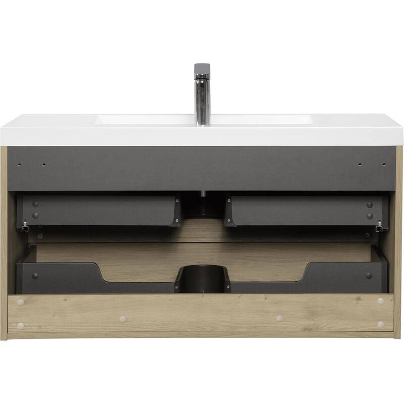 42" Floating Bathroom Vanity with Sink - Ash Grey Wall-Mounted Cabinet, Resin Countertop, Soft-Close Drawers