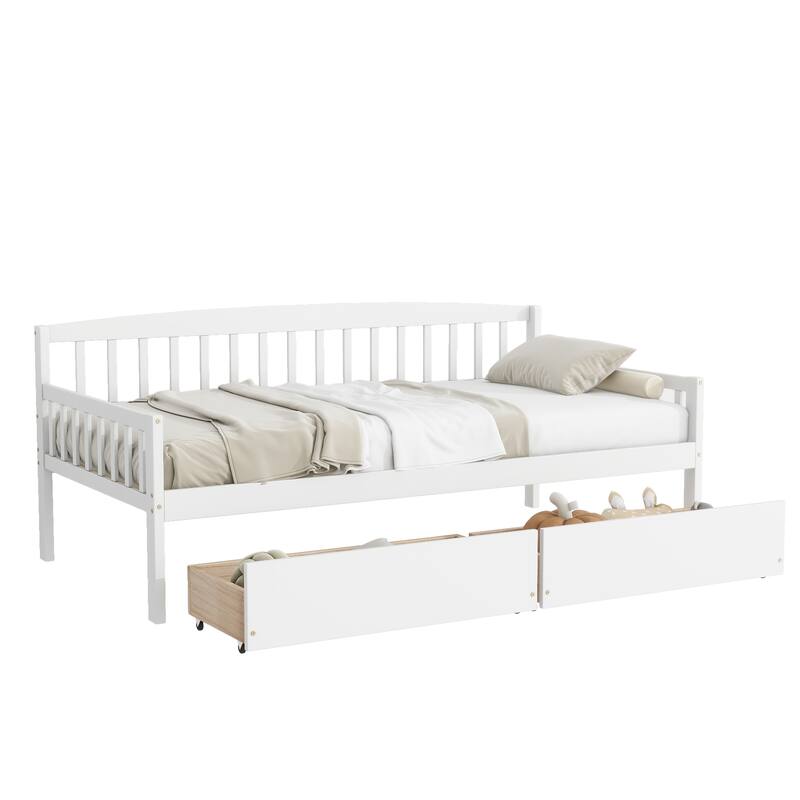 Twin Size Pine Wood Daybed with 2 Storage Drawers, Sofa Bed with Bed Platform of 10 Support Slats, White