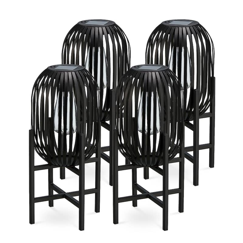 Glitzhome Outdoor Black Metal Striped Freestanding Solar Lantern Deck Lamp