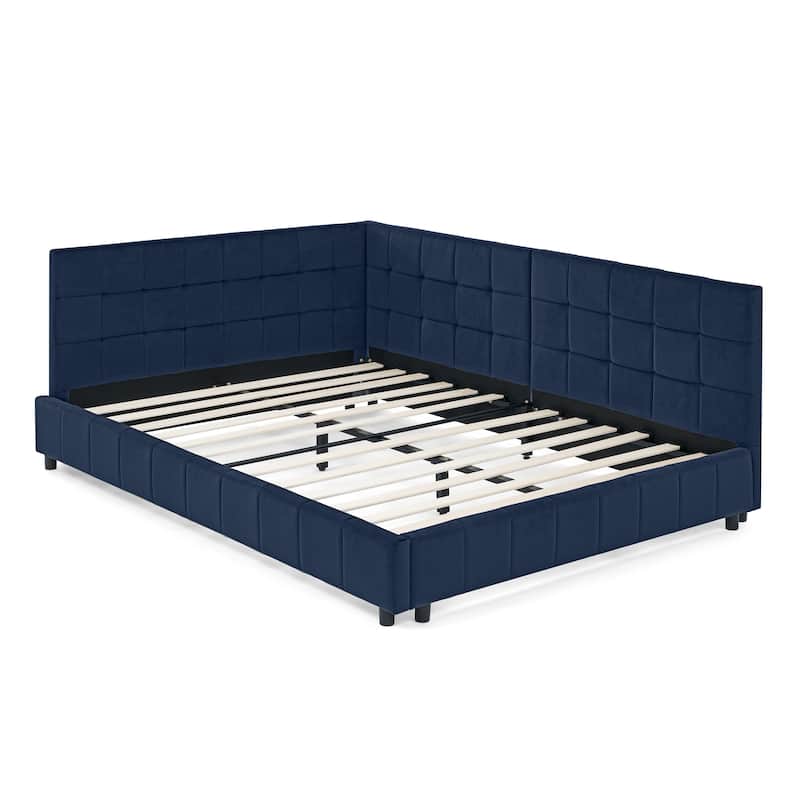 Full Size Daybed Grounded Bed Velvet Upholstered Tufted Bed Frame with L-shaped Backrest & Armrests for Livingroom or Bedroom