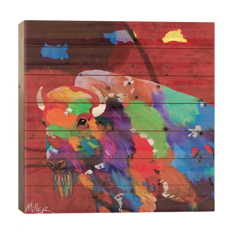 Bison and Red Sky Print On Wood by Tracy Miller - Multi-Color - 26x26x1.5