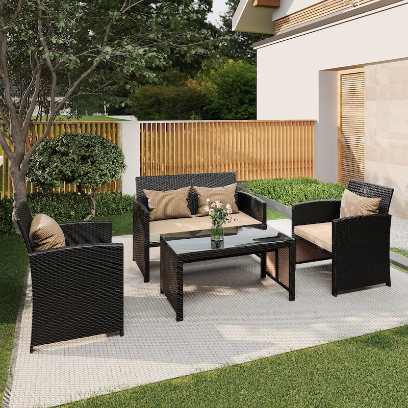 EROMMY 4-Piece Patio Furniture Set with Cushions, Wicker Sofa and Glass Coffee Table, All-Weather PE Rattan Conversation Set.